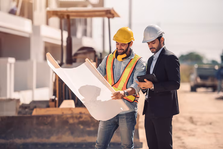 Construction team collaboration with digital tablet and blueprints